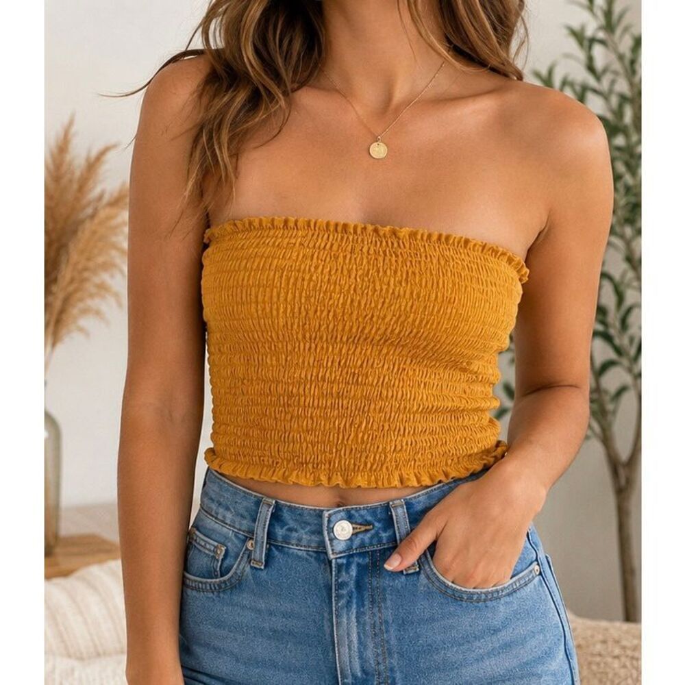 Paris Mustard Smocked Tube Top Bandeau One Size Boho Stretch